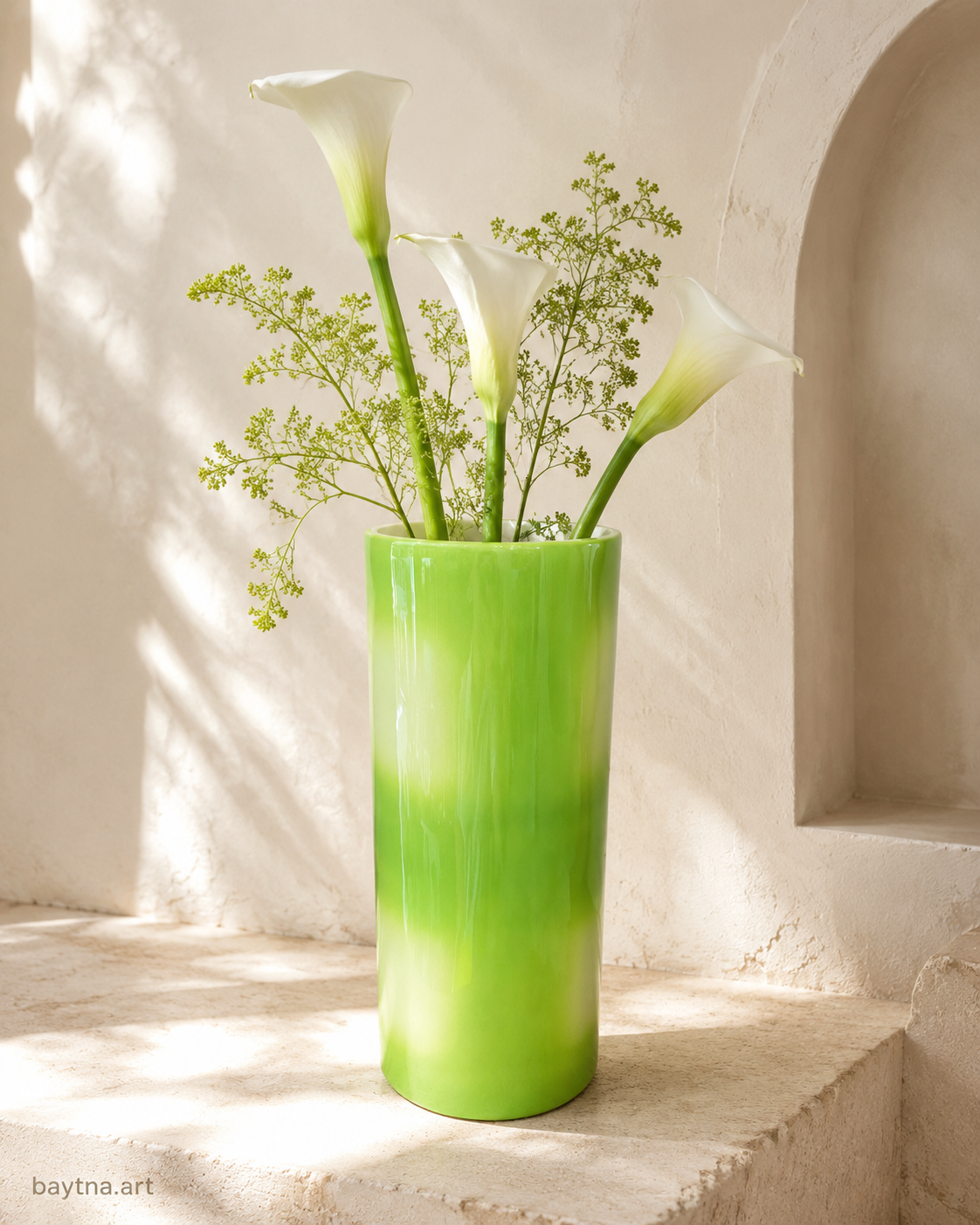 Tall green glass cylindrical vase