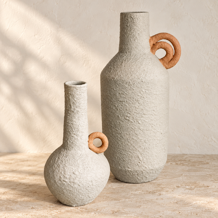 Textured Vase Set with Terracotta Handles