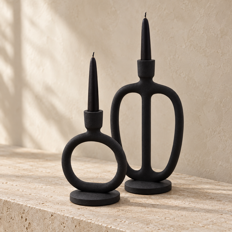 Set of Two Sculptural Black Candle Holders