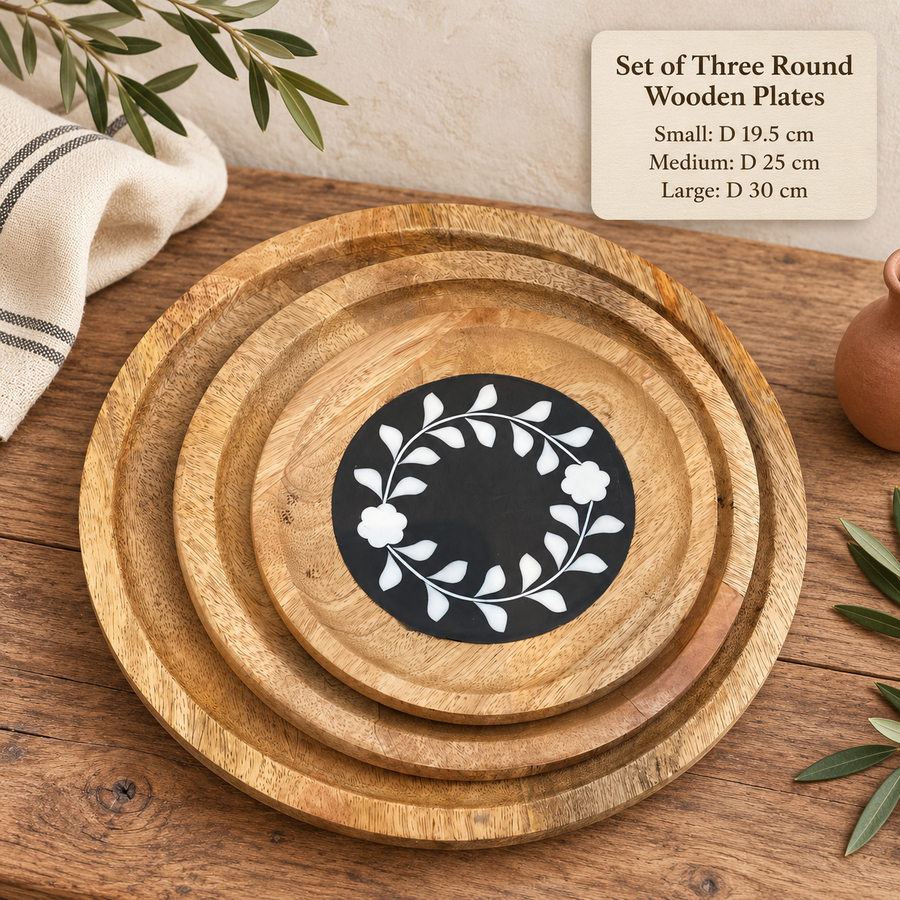 Set of Three Round Wooden Plates