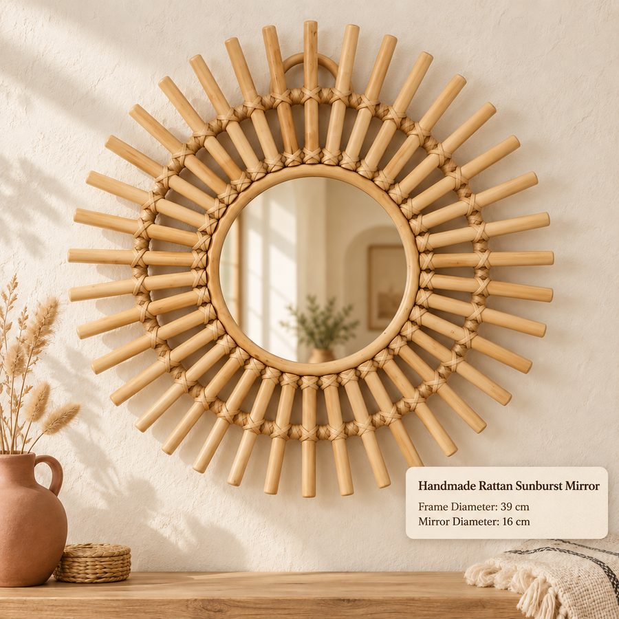 Round Natural Rattan Mirror